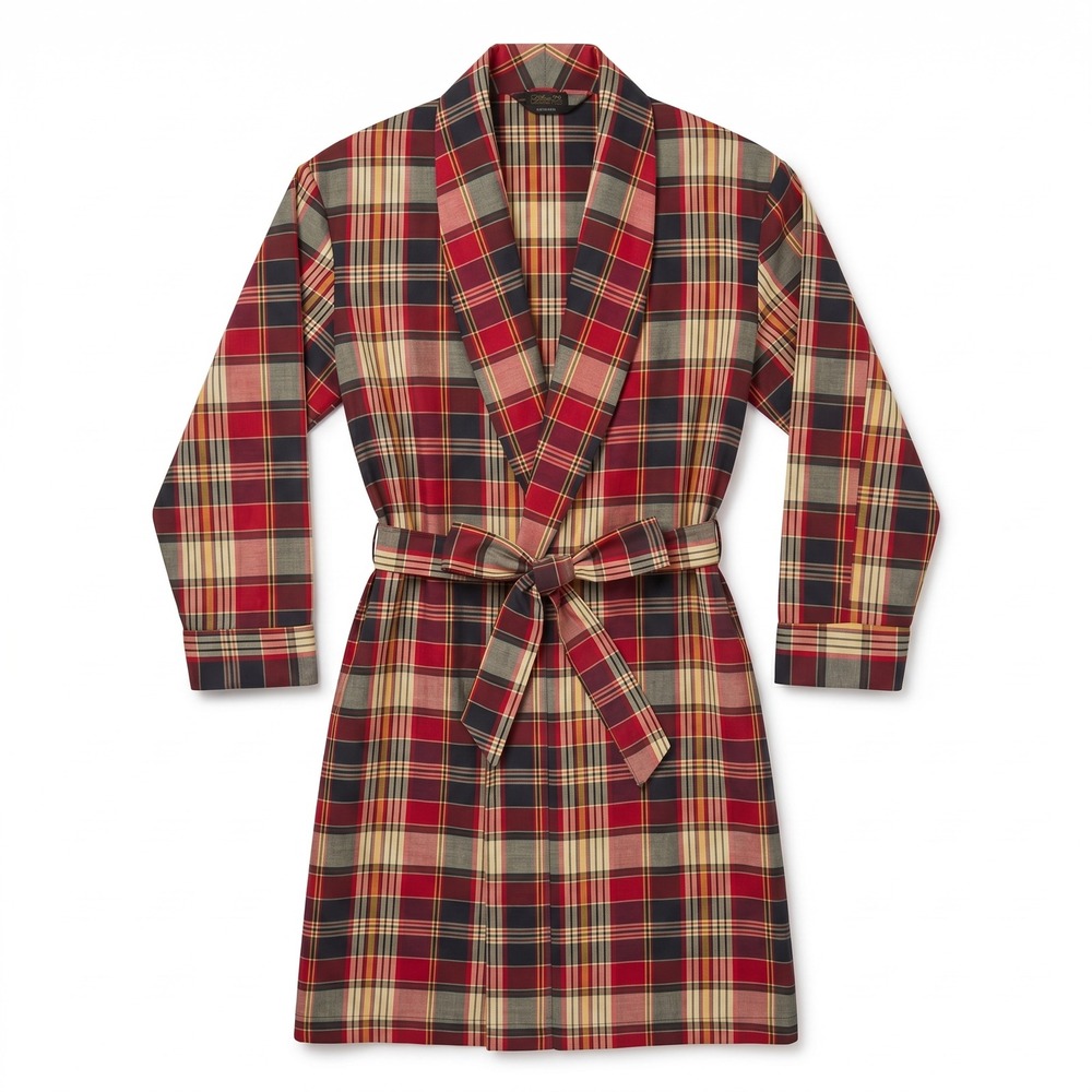 Vintage Sears Roebuck Men Large Red Plaid Robe Shawl Collar Cotton Blend Lounger